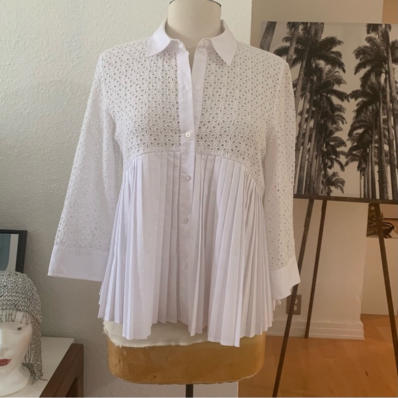 HD in Paris Tops - Anthropologie HD in Paris White button-down shirt/blouse with eyelet and pleats